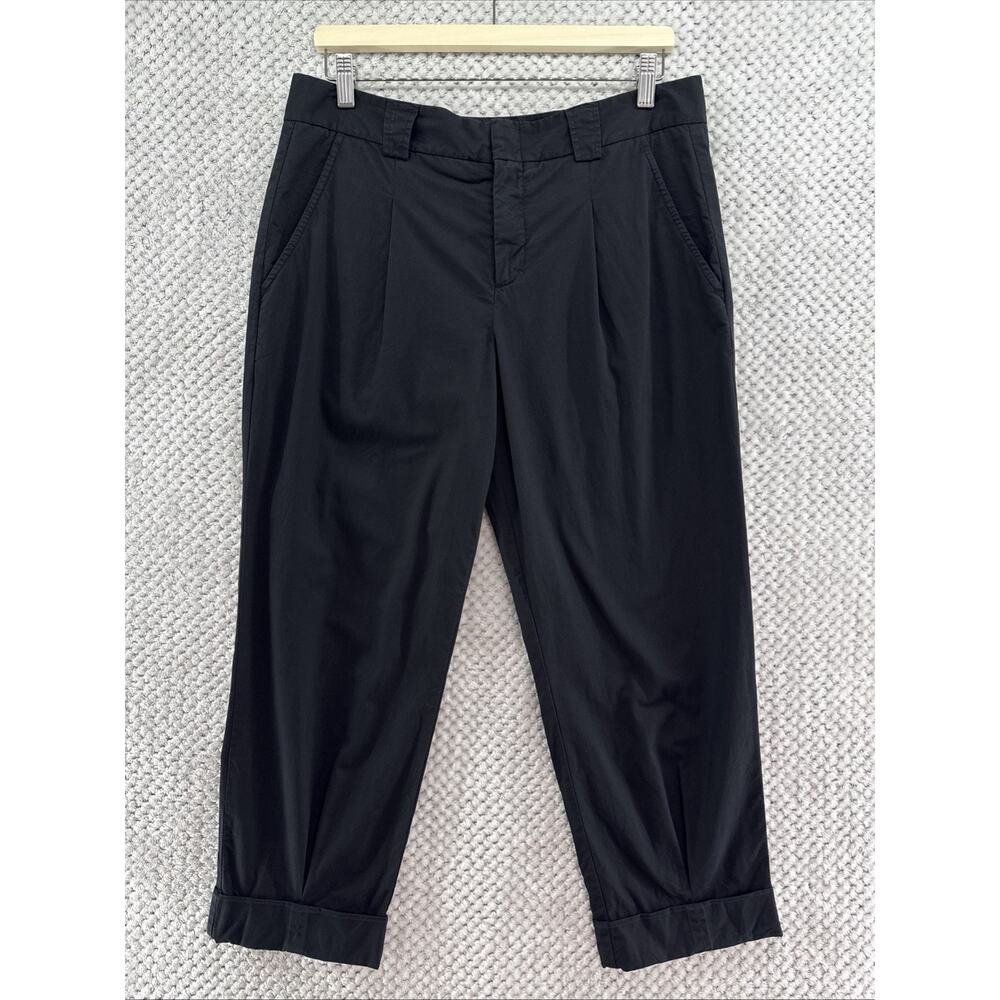 Vince Pants Womens 10 Black Cotton Pleated Roll Hem Tapper Trouser Pocket 24"in